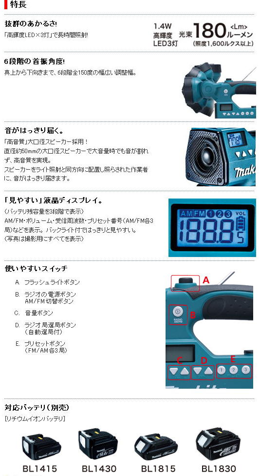 マキタ　充電式ライト付ラジオ　MR050