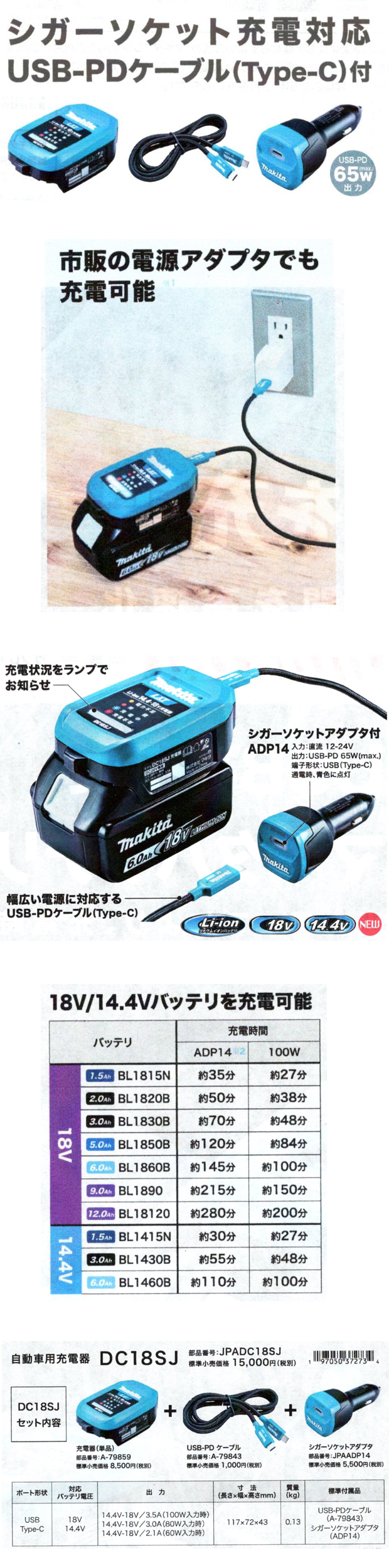 マキタ 14.4/18Ｖ自動車用充電器 DC18SJ