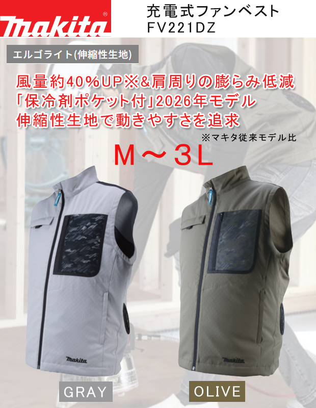 マキタ　ファンベスト バッテリー付き Mサイズ　中古　ライトグレー マキタ 充電式ファンベスト FV221DZ/O M〜3L 電動工具・エアー工具