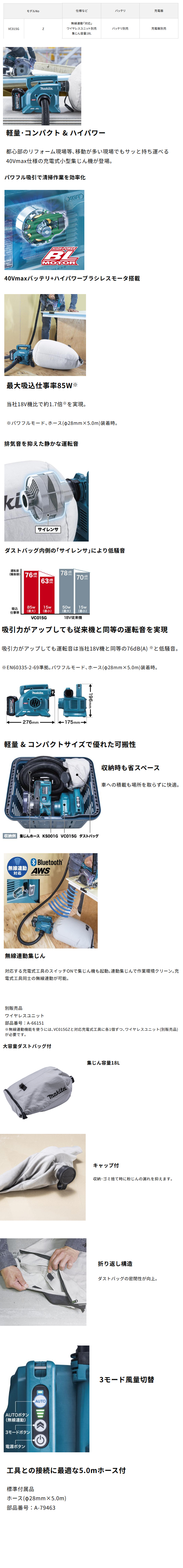 マキタ 40Vmax充電式小型集じん機 VC015GZ