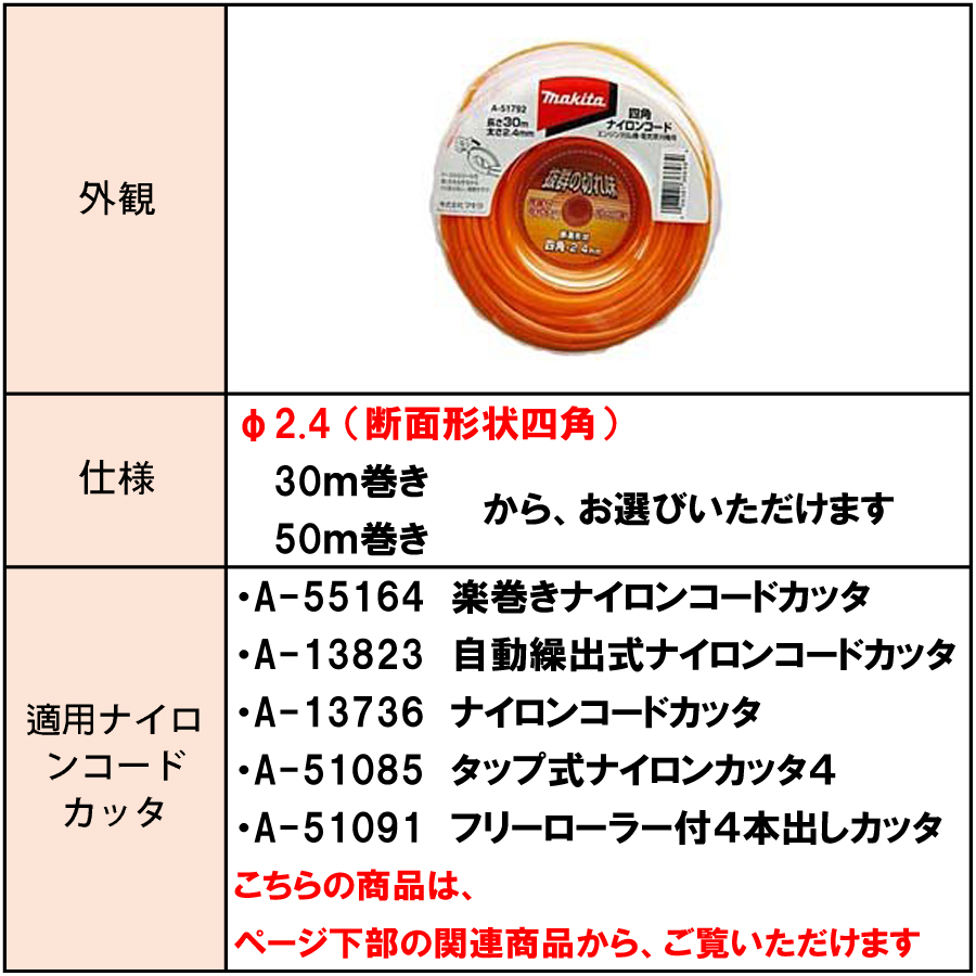 マキタ 予備四角ナイロンコード Φ2.4（断面形状四角） A-51792/A-51801