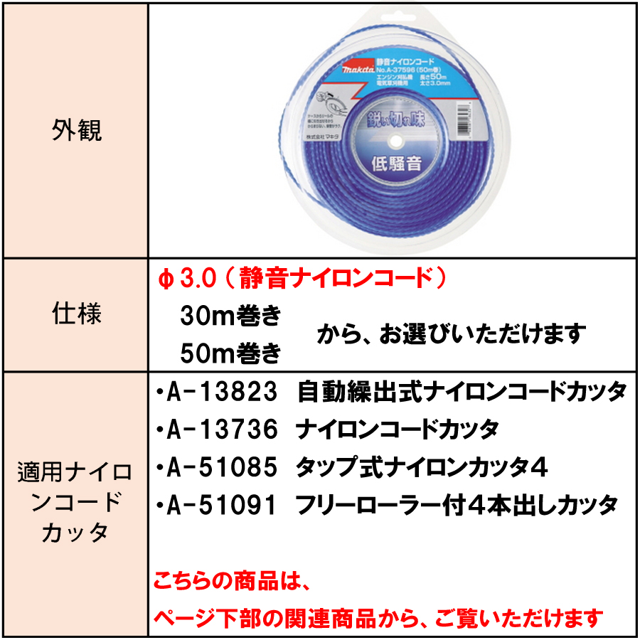 マキタ 静音予備ナイロンコード Φ3.0 A-37580/A-37596