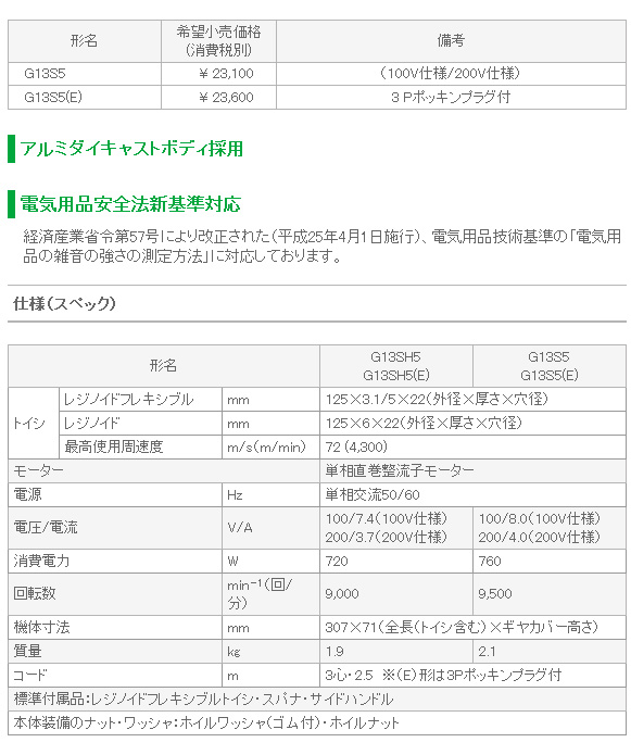 HiKOKI 125mm 電気ディスクグラインダ G13S6