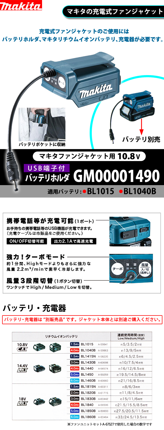 マキタ　10.8V ファンジャケット用バッテリホルダ GM00001490