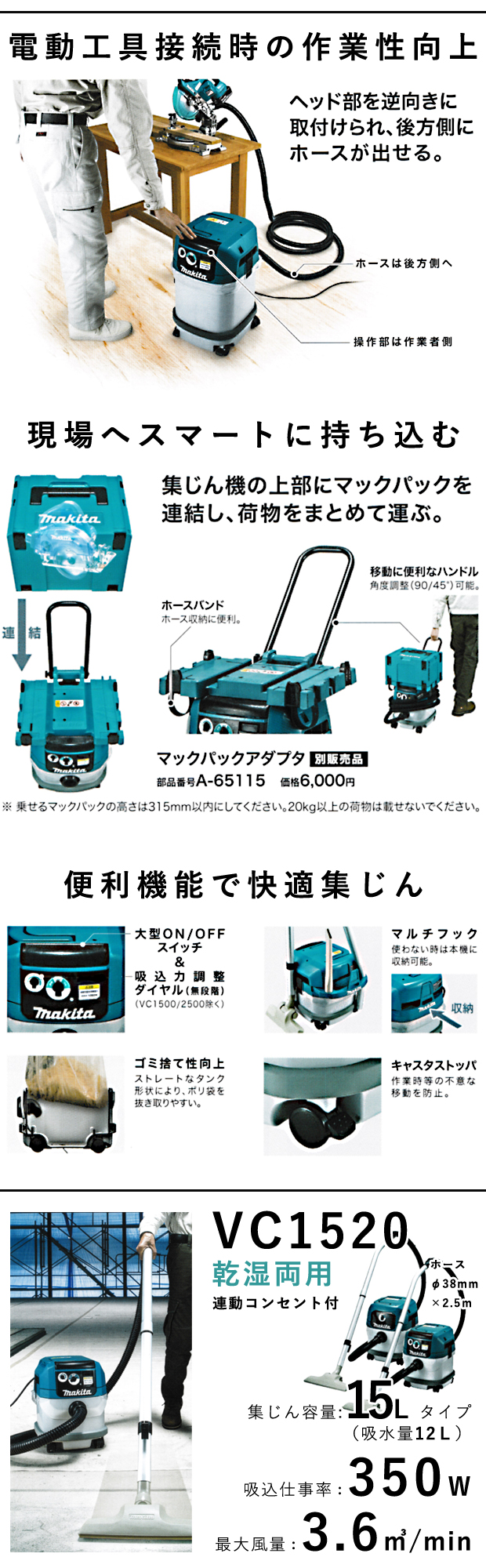 特別価格 5ruruマキタ Makita 集じん機 乾湿両用 15L VC1520