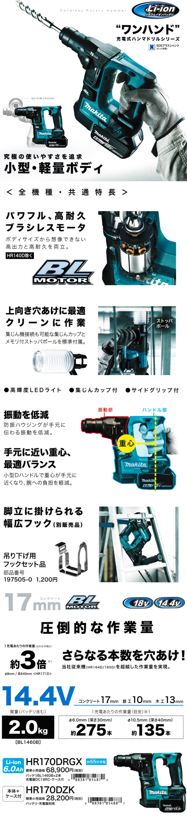 マキタ 14.4V充電式ハンマドリル HR170D 電動工具・エアー工具・大工 