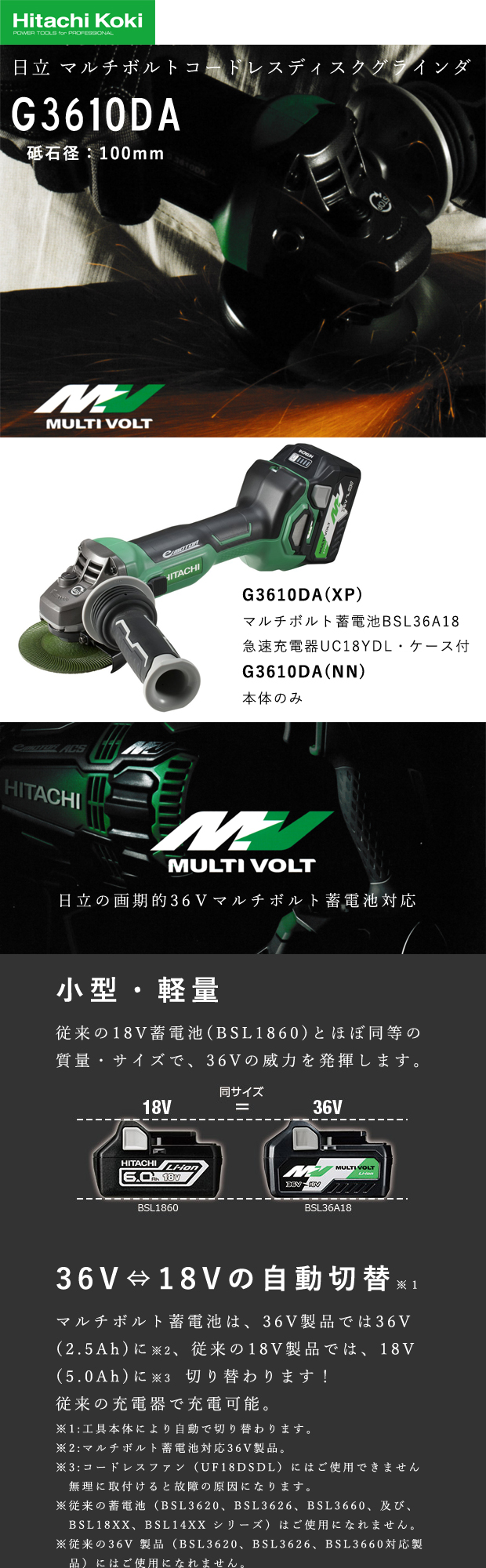 HiKOKI マルチボルトコードレスディスクグラインダ 100mm径 G3610DA