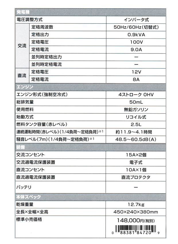 マキタ インバータ発電機 0.9kVA EG0900IS