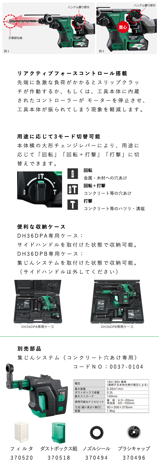 HiKOKI  マルチボルト コードレスロータリハンマドリル DH36DPA