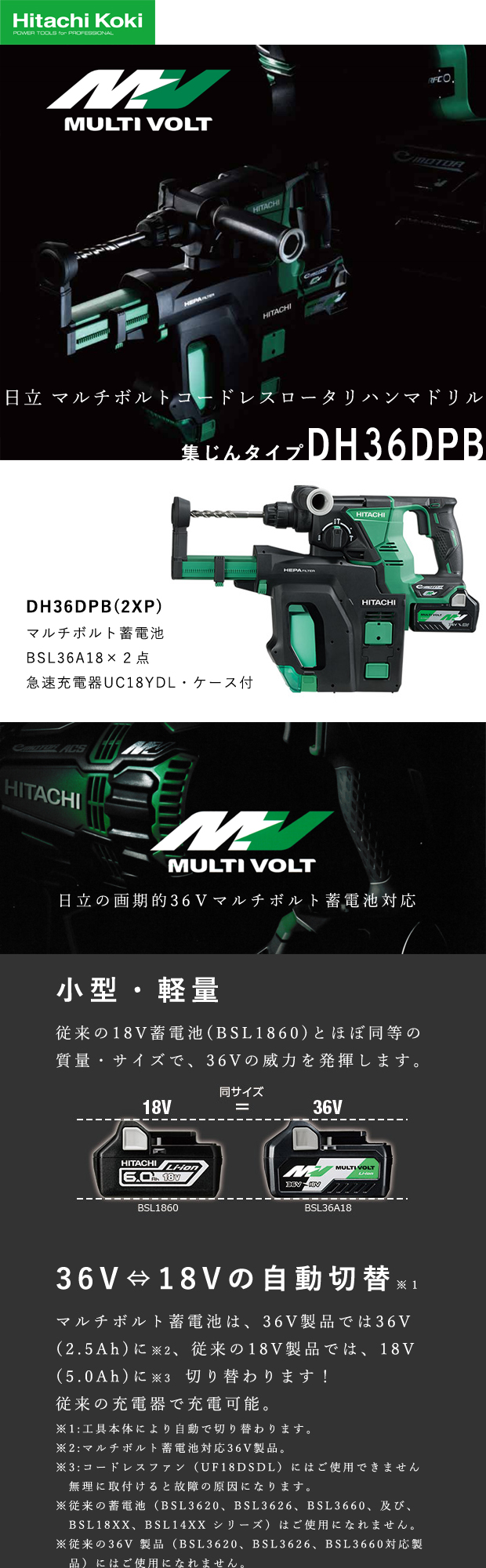 HiKOKI  マルチボルト コードレスロータリハンマドリル DH36DPB