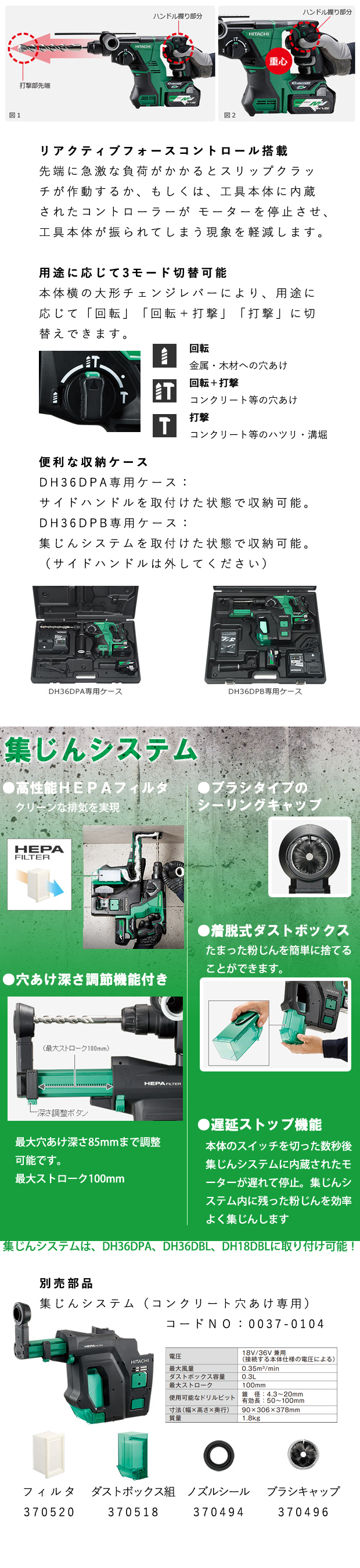 HiKOKI  マルチボルト コードレスロータリハンマドリル DH36DPB