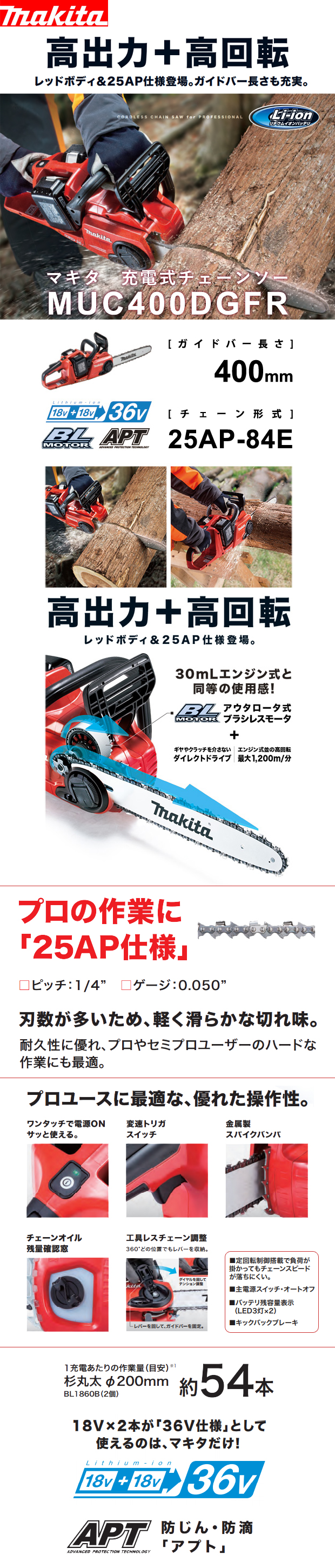 マキタ 18V×2=36V充電式チェーンソー MUC400DGFR