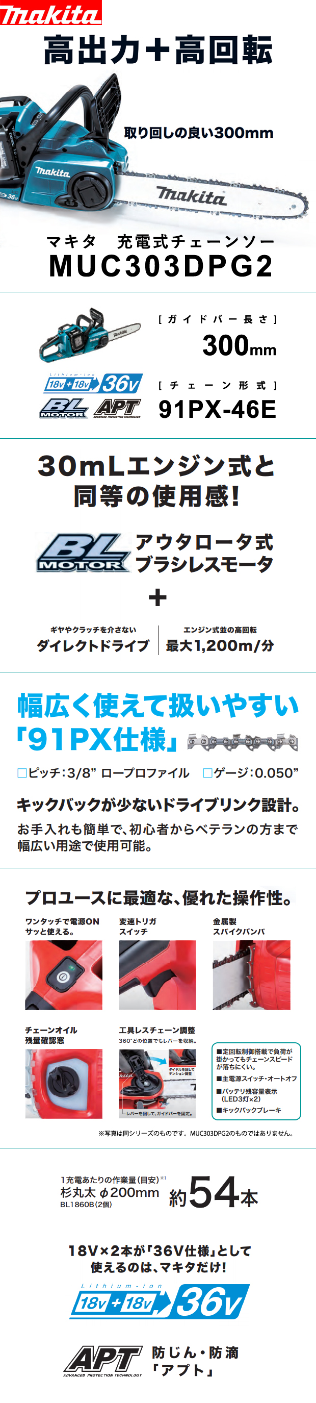 マキタ 18V×2=36V充電式チェーンソー MUC303DPG2