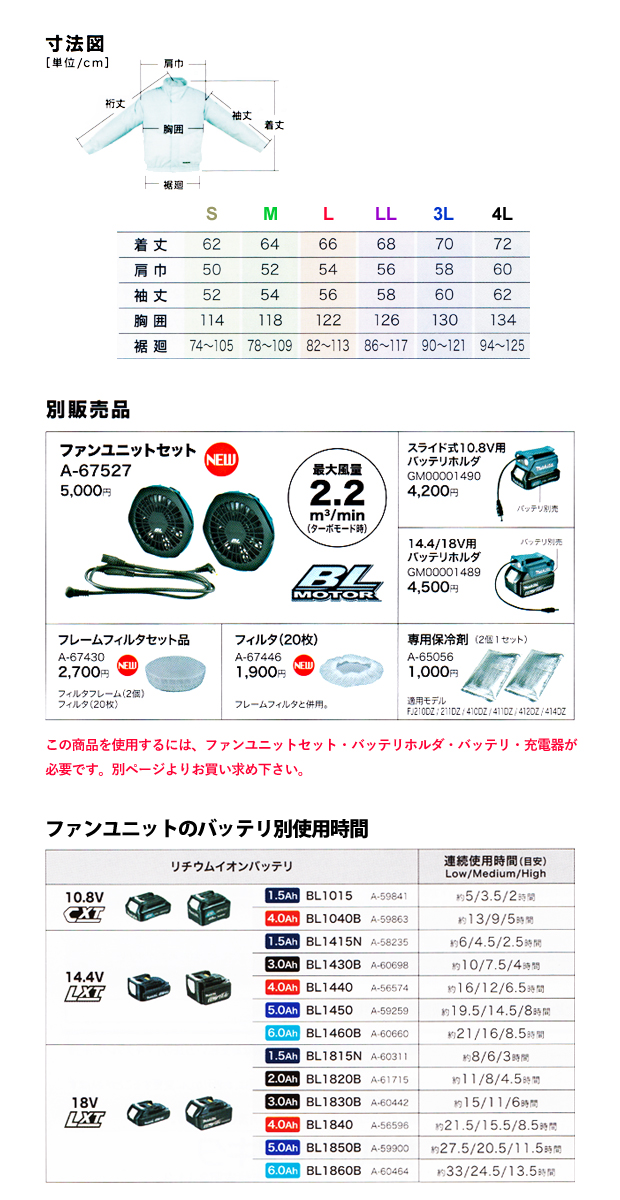 マキタ 充電式ファンジャケット FJ210DZ