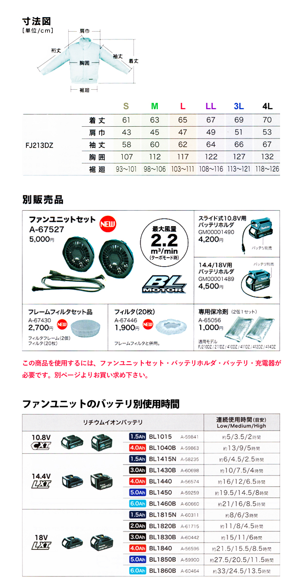 マキタ 充電式ファンジャケット FJ213DZ