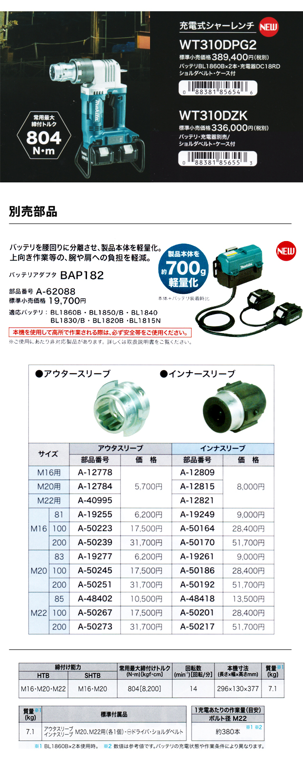 く日はお得♪ マキタ WT310DZK 18Vx2=36V充電式シャ－レンチ 最大締付トルク:804N ｍ バッテリ 充電器別売 電源環境に左右されない 充電式 新品