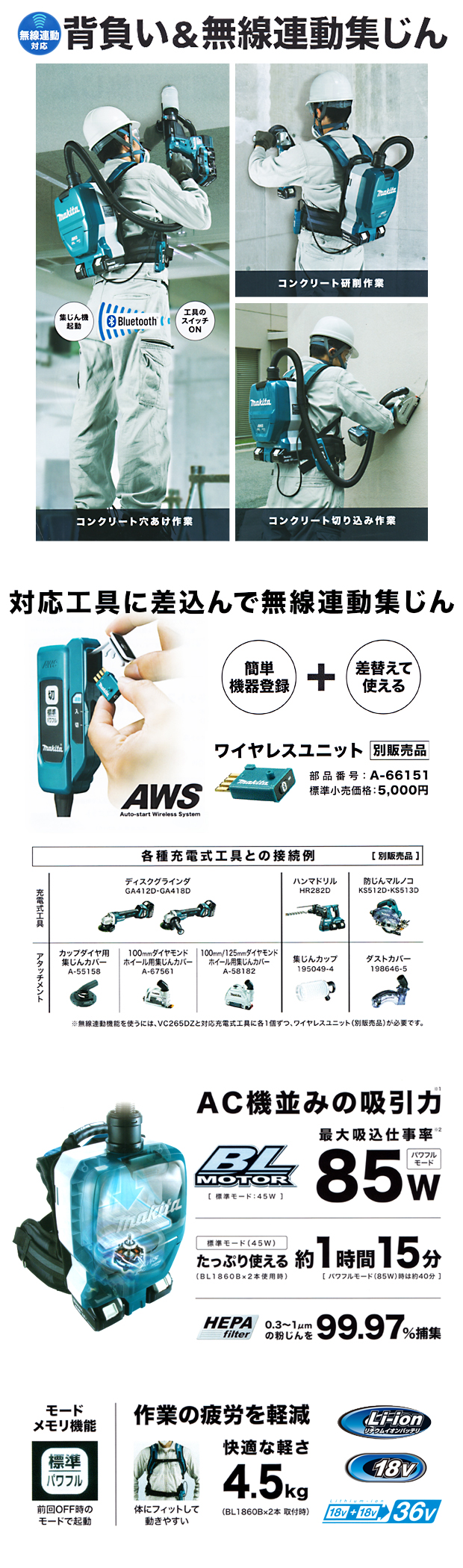 マキタ 充電式背負い集じん機 VC265DZ 電動工具・エアー工具・大工道具