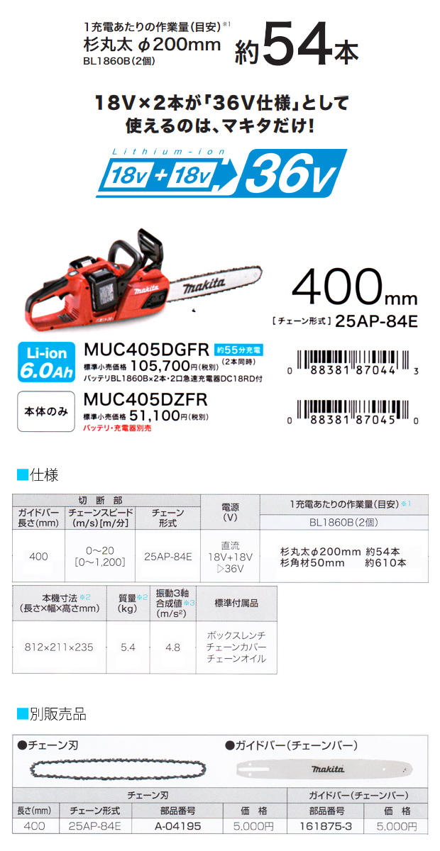 マキタ 18V×2=36V充電式チェーンソー MUC405DGFR