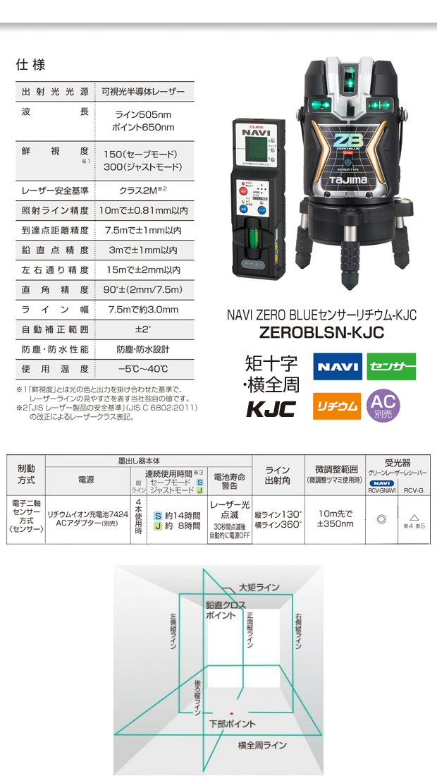 タジマ レーザー墨出し器 NAVI ZERO BLUE センサーリチウムKJC 