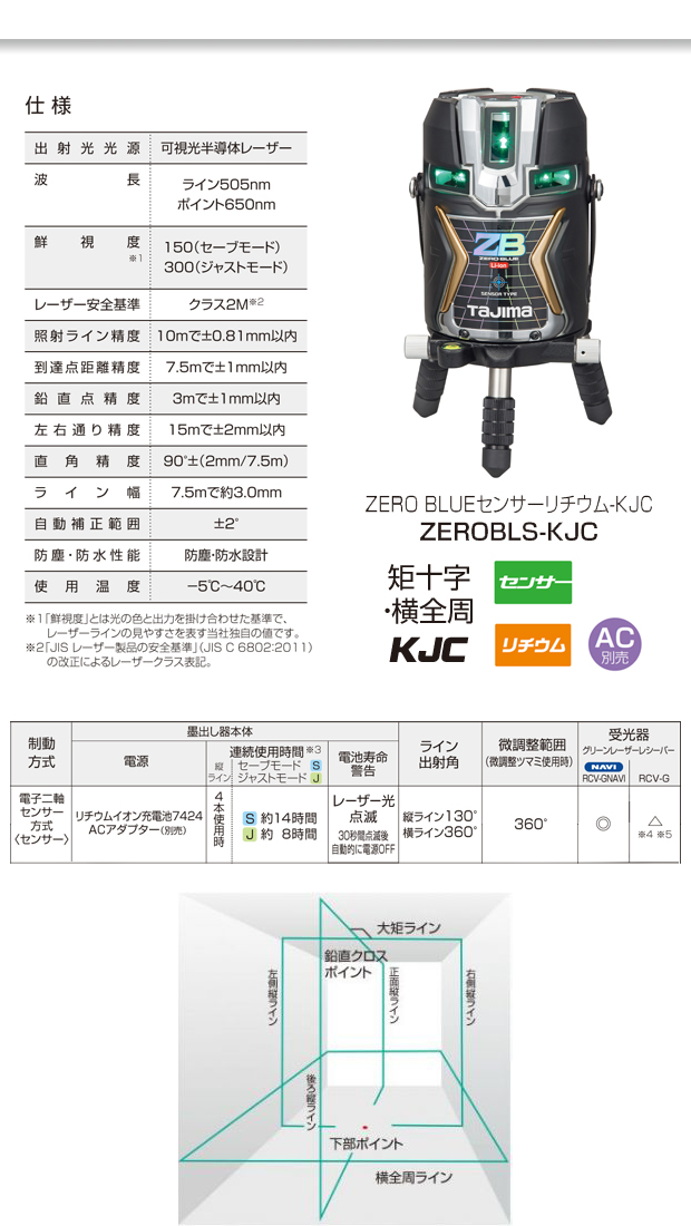 タジマ レーザー墨出し器 ZERO BLUE センサーリチウムKJC 