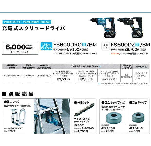 マキタ 充電式スクリュードライバ FS600DRG