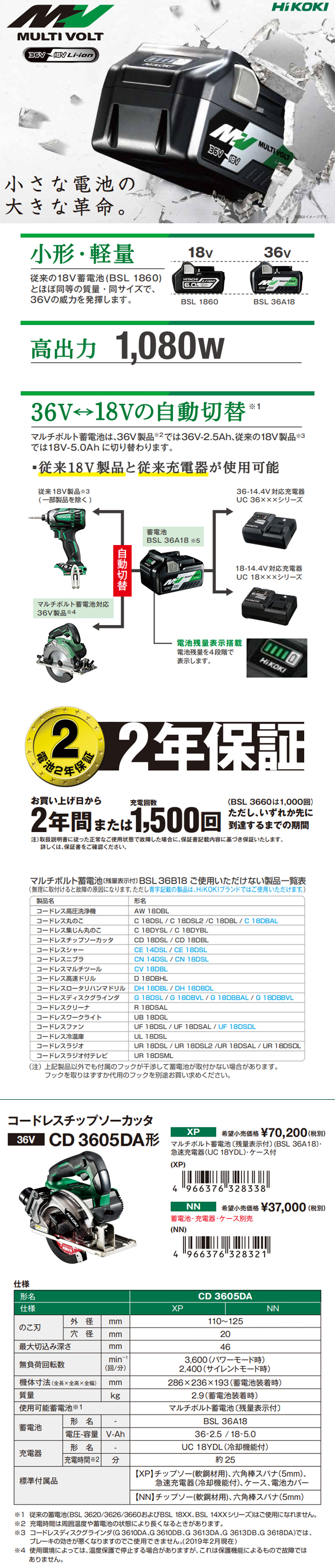 71%OFF!】 ファーストWORK店HiKOKI 日立工機 マルチボルト 36V コードレスチップソーカッタ CD3605DA XP 