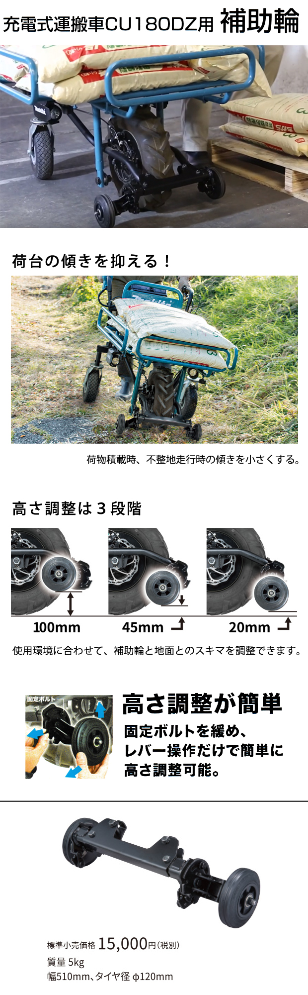 マキタ 充電式運搬車CU180DZ用補助輪 A-68878 電動工具・エアー工具・大工道具（作業工具＞台車・運搬車・キャリアー）