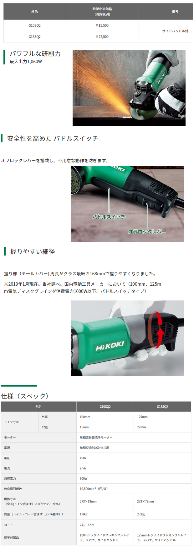 HiKOKI 125mm電気ディスクグラインダ G13SQ2