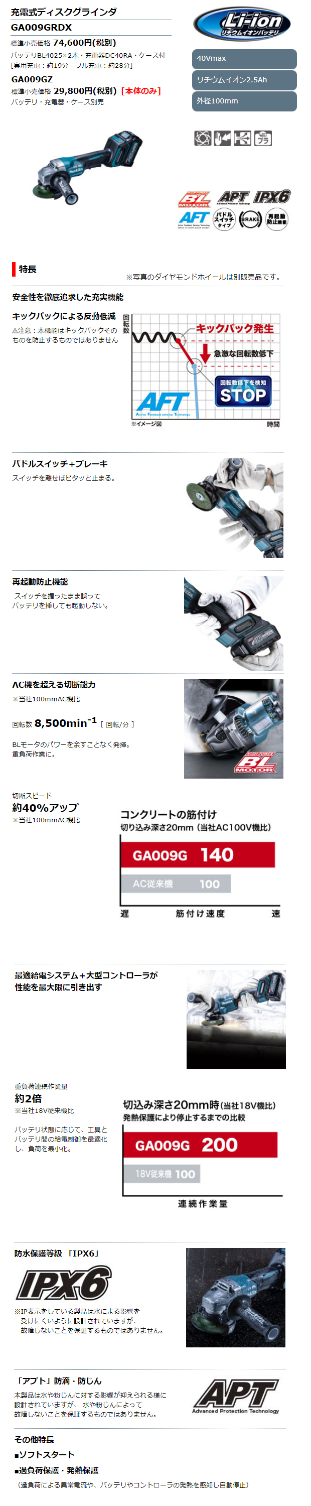 マキタ 40VMAX 100mm充電式ディスクグラインダ GA009GRDX/GZ