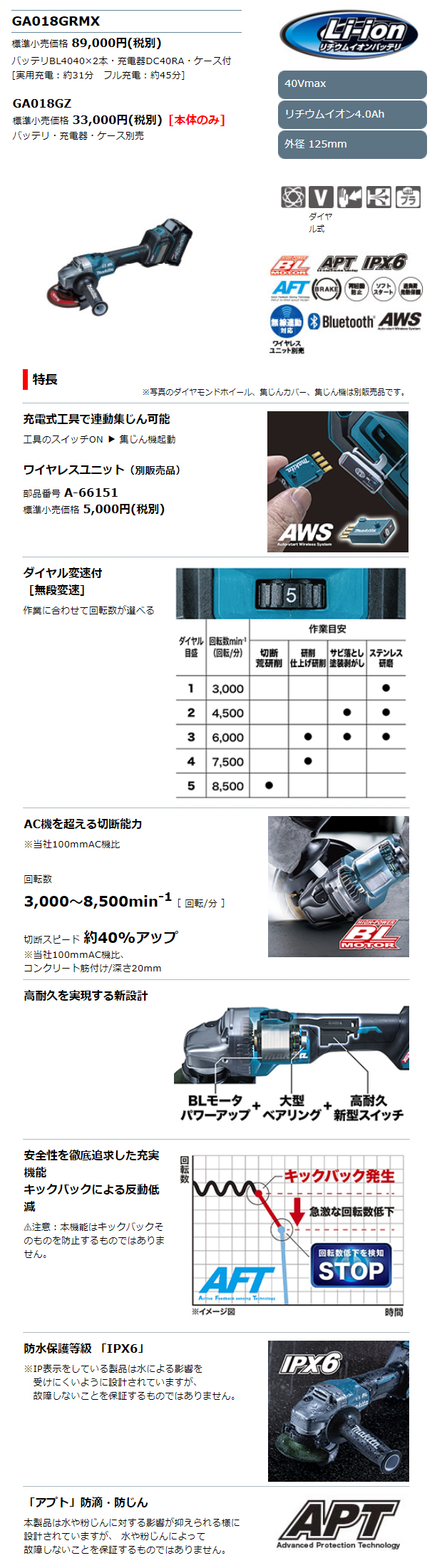 マキタ 40VMAX 125mmスライドスイッチ充電式ディスクグラインダ GA018GRMX/GZ