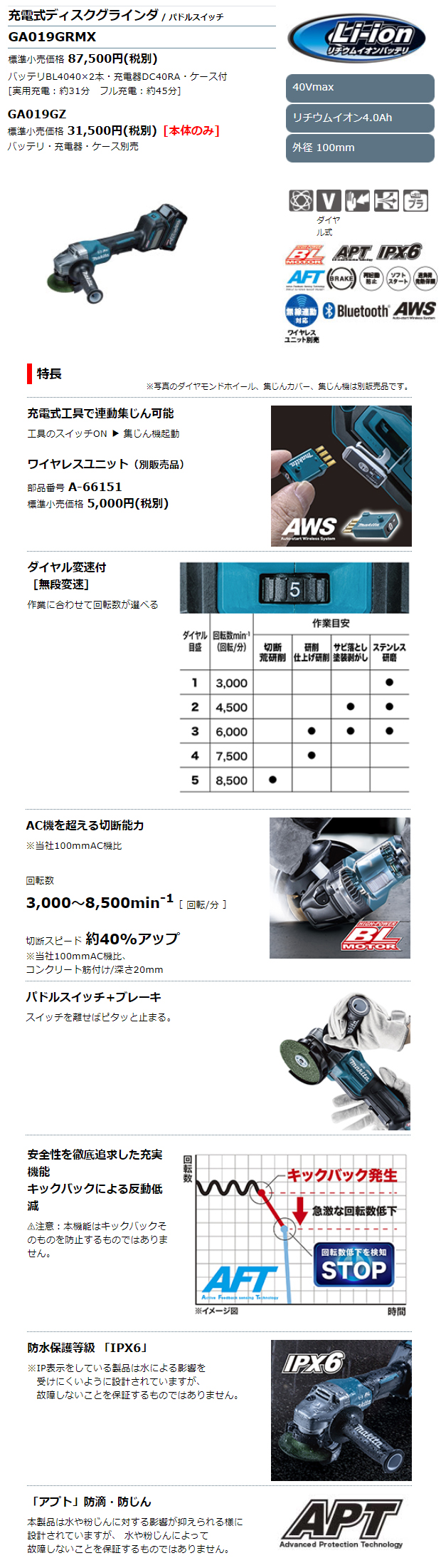 マキタ 40VMAX 100mmパドルスイッチ充電式ディスクグラインダ GA019GRMX/GZ