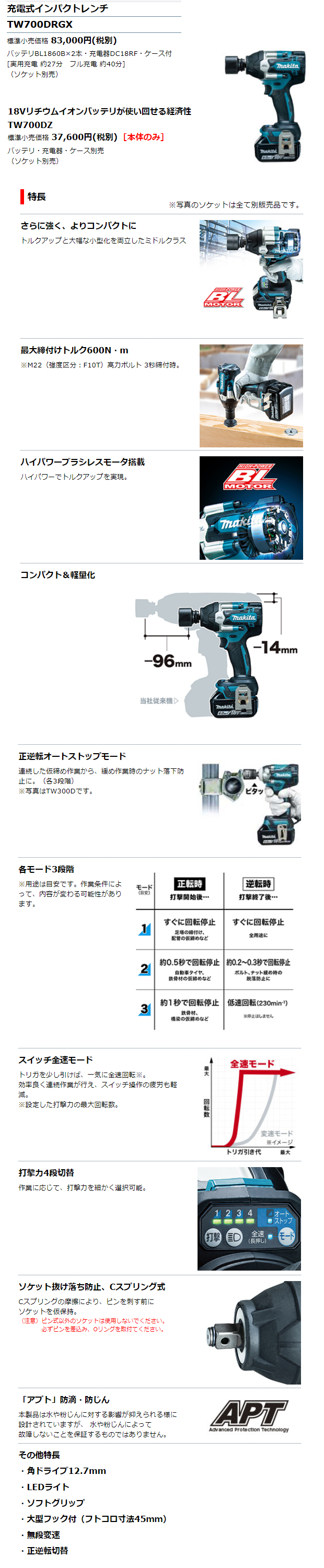 マキタ 18V充電式インパクトレンチ TW700DRGX/DZ