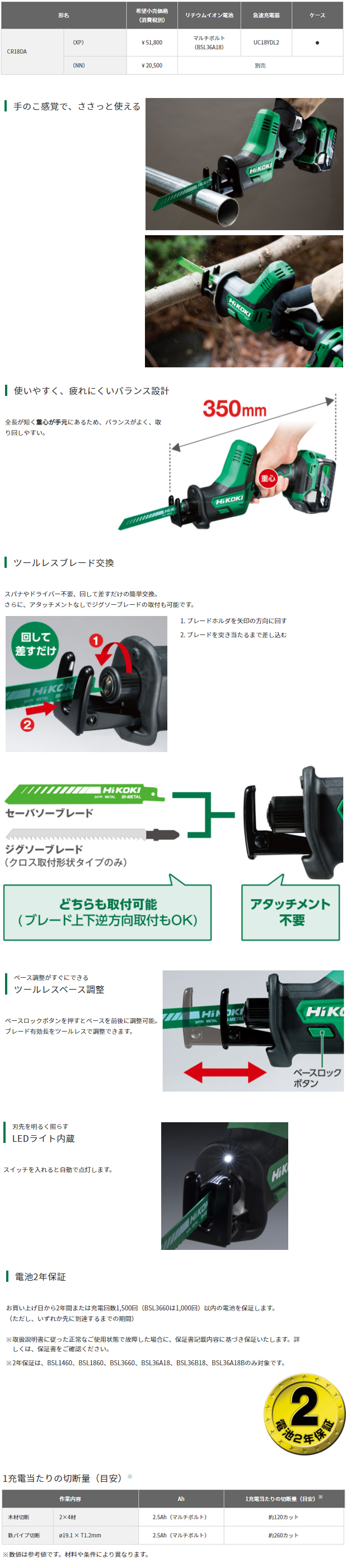 HiKOKI 18VコードレスセーバソーCR18DA