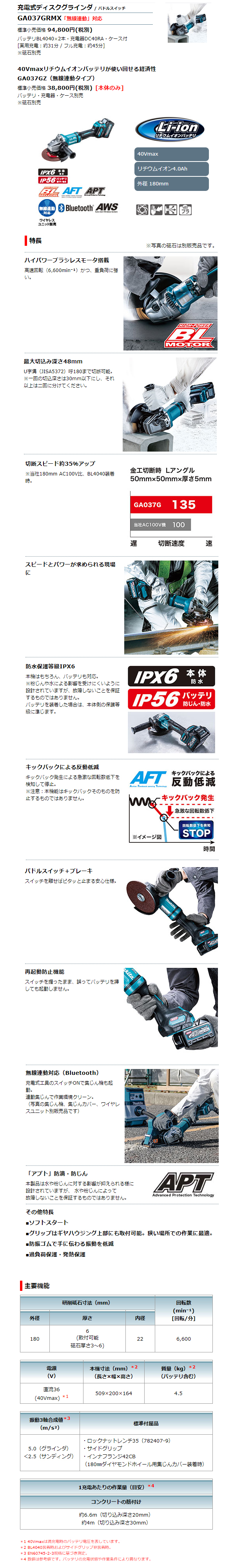 お手頃価格 マキタ Makita 180mm充電式ディスクグラインダ 40Vmax4Ah バッテリ2本 充電器 ケース付 GA037GRMX 