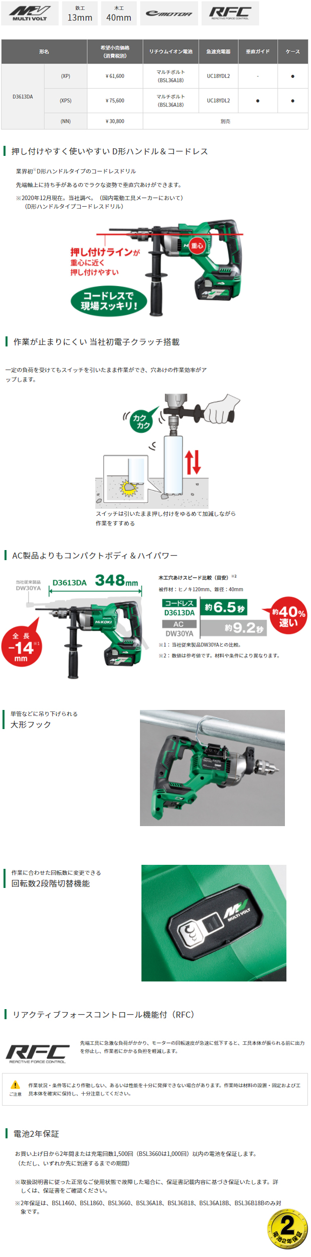 肌触りがいい 買援隊店工機ホールディングス 株 HiKOKI 36Vコードレスドリル マルチボルトセット品 垂直ガイド標準付属 D3613DA-XPS  期間限定 ポイント10倍