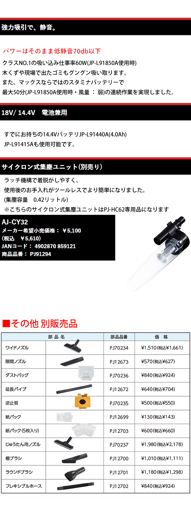 MAX 充電式ハンディクリーナー PJ-HC62