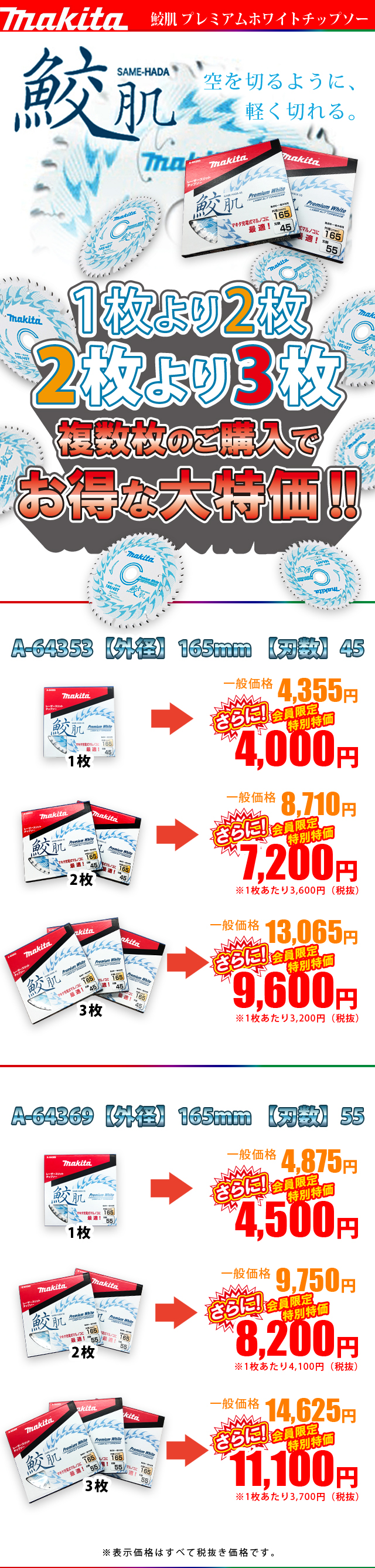 バイクマキタ　鮫肌チップソー 165mm×55P A-64369　2枚セット