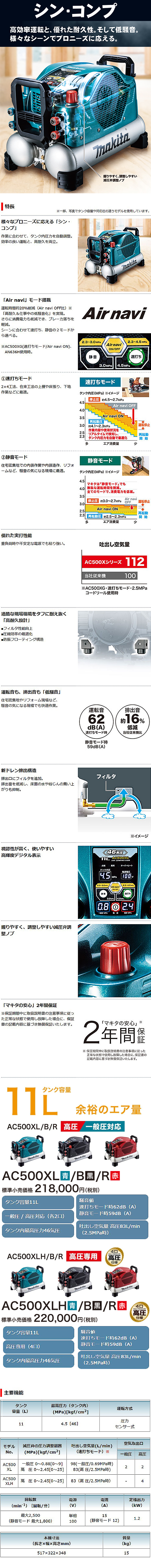 マキタ 【タンク容量11L】エアコンプレッサ AC500XL(一般・高圧)/XLH(高圧専用)