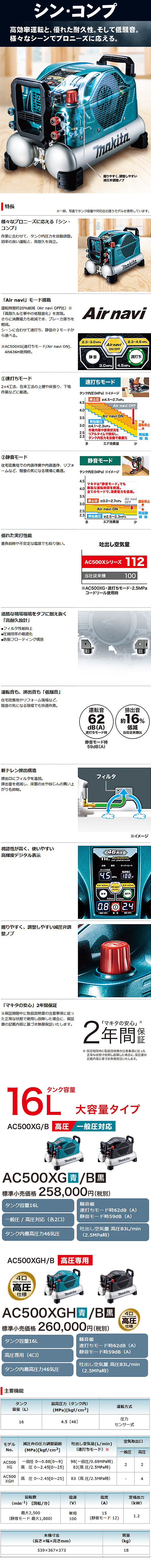 マキタ 【タンク容量16L】エアコンプレッサ AC500XG(一般・高圧)/XGH(高圧専用)