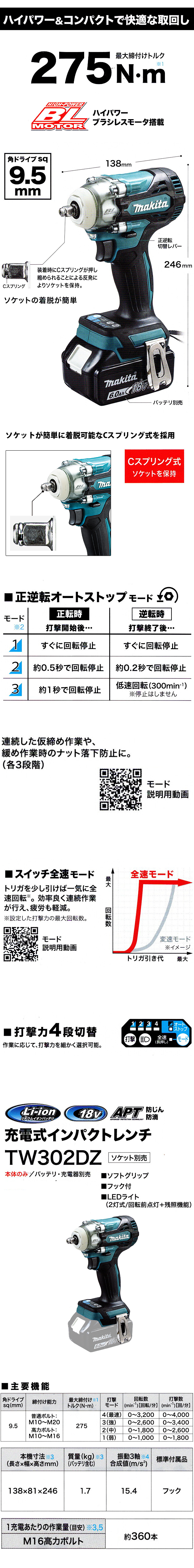 マキタ 18Vインパクトレンチ TW302DZ （角ドライブsq9.5mm）