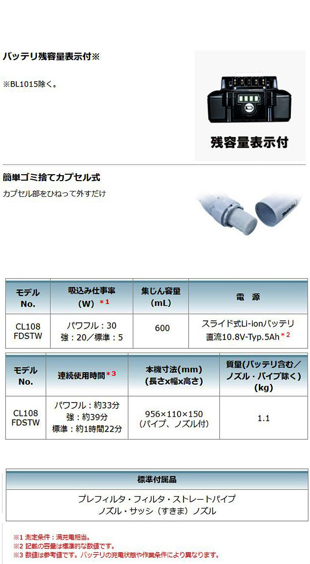 マキタ 10.8V 充電式クリーナ CL108FDSTW (Typ.5Ah)【バッテリBL1050B・充電器DC10SA付】