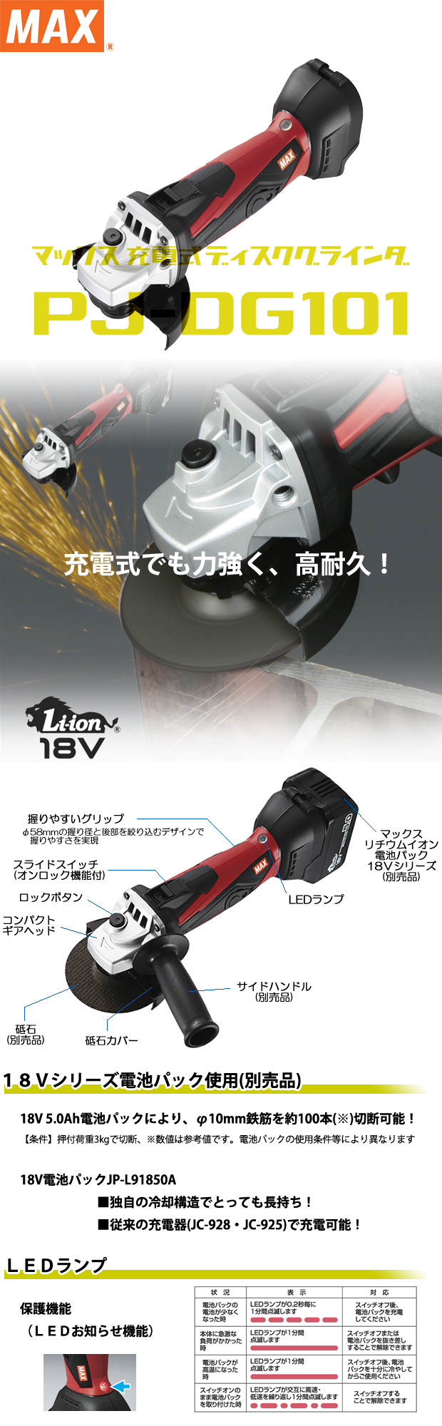 マックス 18V充電式ディスクグラインダ PJ-DG101 電動工具・エアー工具・大工道具（電動工具＞グラインダ）